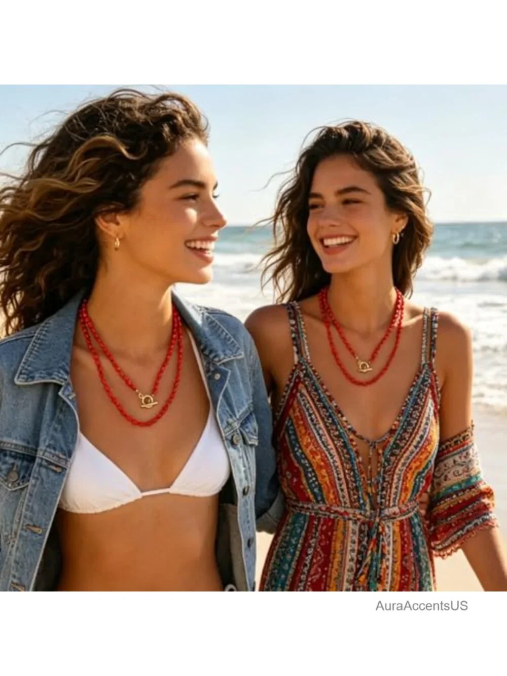Red Beaded Double Layer Necklace Boho Toggle Clasp Layered Statement Jewelry